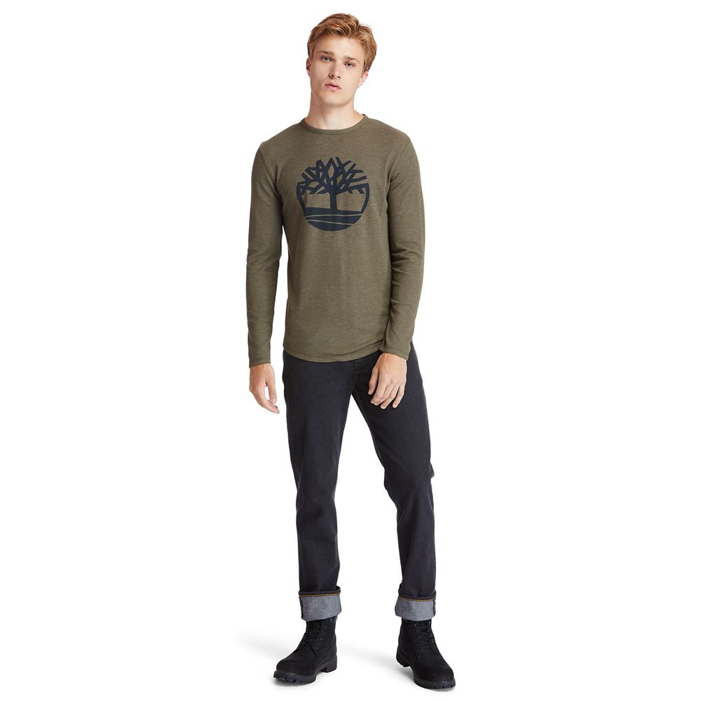 Timberland Mens T-Shirts Dyer River Slim-Fit Tree-Logo - Olive - India BI9741683